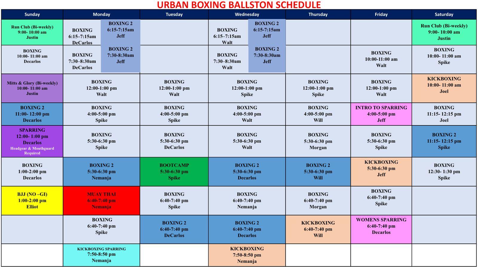 Weekly class schedule — Urban Boxing Ballston - Arlington. Boxing, kickboxing, Muay Thai. Tap to request your first class free.